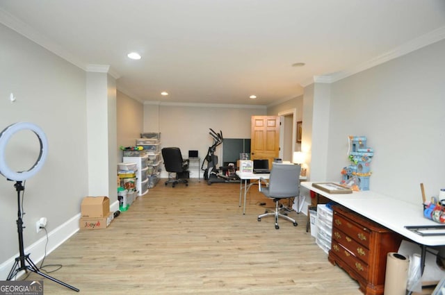 office space with ornamental molding, recessed lighting, light wood-type flooring, and baseboards