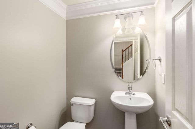 half bathroom with a sink, toilet, and crown molding