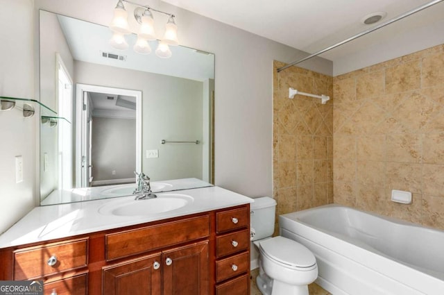 bathroom featuring shower / bathing tub combination, visible vents, toilet, and vanity