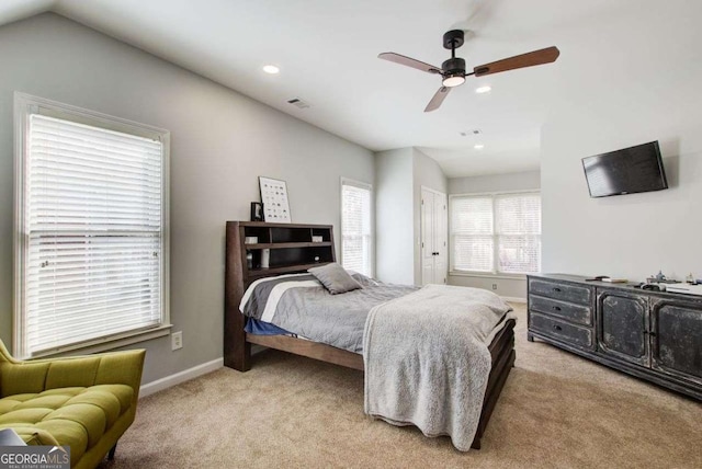 bedroom featuring visible vents, light carpet, recessed lighting, baseboards, and ceiling fan