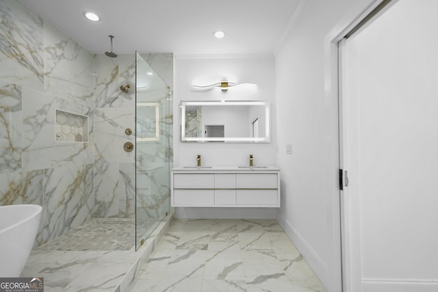 bathroom with recessed lighting, a marble finish shower, marble finish floor, and ornamental molding