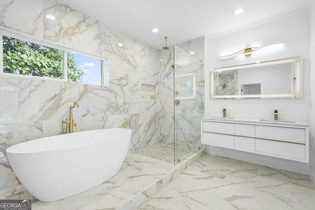 bathroom featuring a soaking tub, recessed lighting, marble finish floor, and a marble finish shower