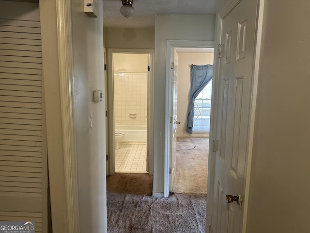 hallway featuring carpet flooring and a textured ceiling