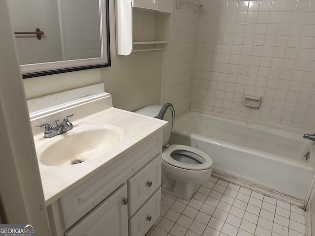 full bathroom featuring tile patterned flooring, toilet, vanity, and bathing tub / shower combination