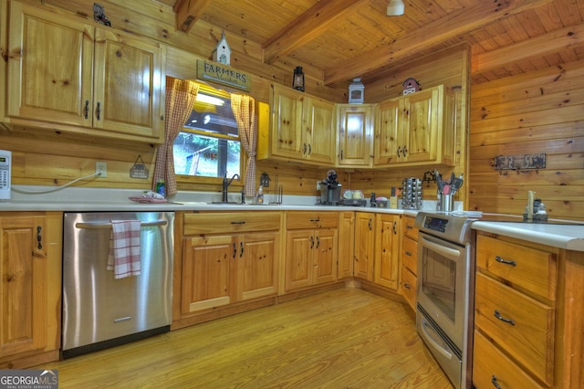 kitchen with light wood-style flooring, a sink, appliances with stainless steel finishes, wooden ceiling, and light countertops