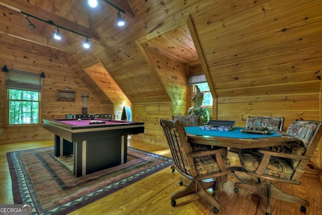 game room with wood-type flooring, wood walls, pool table, lofted ceiling, and wood ceiling