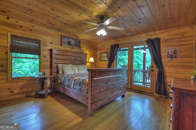 bedroom with wood walls, wooden ceiling, and wood finished floors