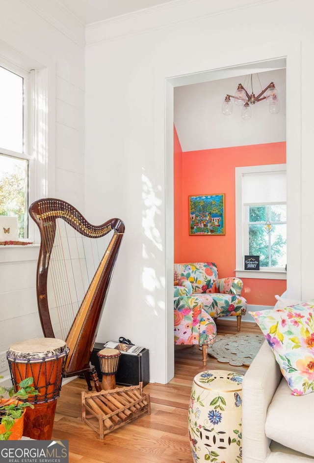 bedroom featuring crown molding, multiple windows, and wood finished floors