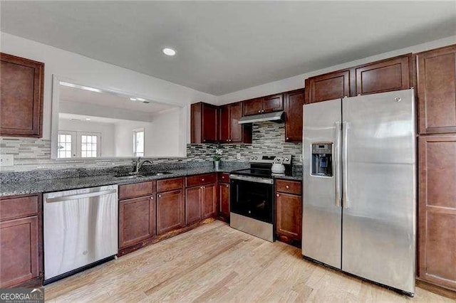 kitchen featuring under cabinet range hood, decorative backsplash, light wood-style flooring, stainless steel appliances, and a sink