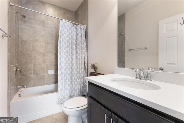 bathroom featuring shower / bathtub combination with curtain, toilet, vanity, and tile patterned flooring