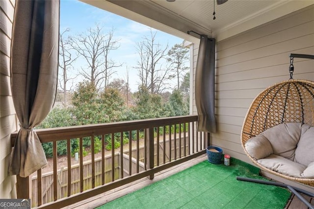 balcony with a ceiling fan