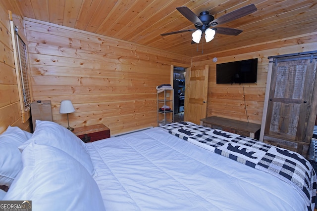 bedroom featuring wooden walls, wooden ceiling, and ceiling fan
