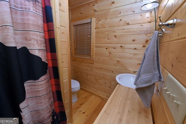 bathroom featuring toilet, wood finished floors, wooden walls, and vanity