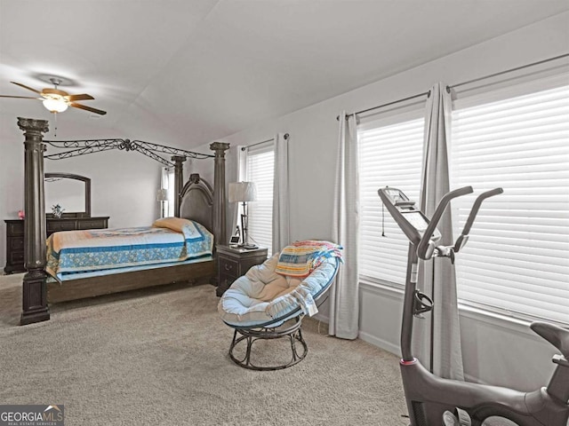 carpeted bedroom featuring lofted ceiling