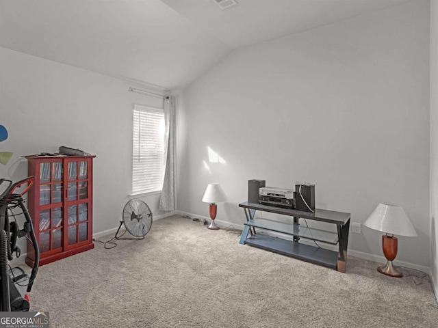 misc room featuring vaulted ceiling, visible vents, baseboards, and carpet floors