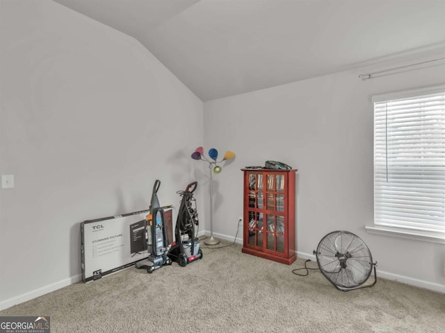 exercise room featuring baseboards, lofted ceiling, and carpet flooring