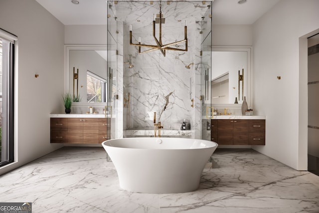 full bathroom featuring a freestanding tub, two vanities, marble finish floor, a marble finish shower, and stone wall