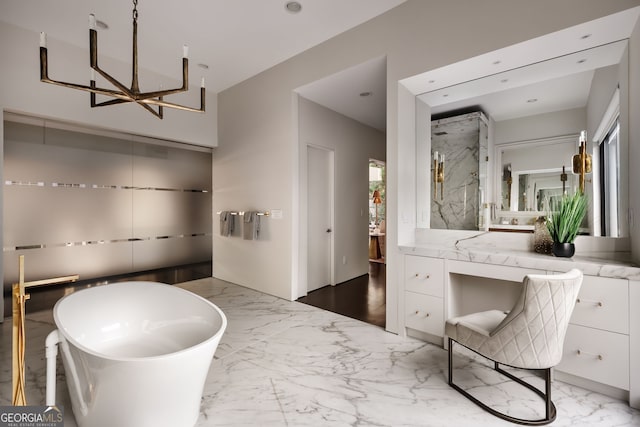 full bathroom with marble finish floor, a marble finish shower, and a freestanding bath