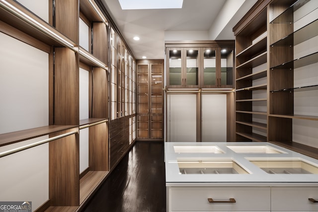 walk in closet with a skylight and dark wood-style floors