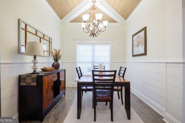 dining room with dark wood finished floors, wooden ceiling, a wainscoted wall, and ornamental molding