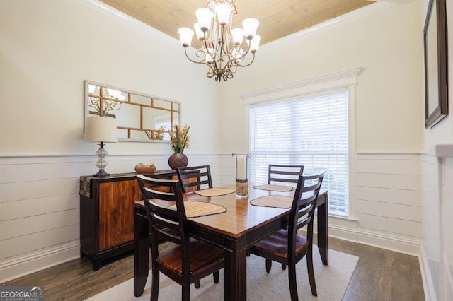 dining area with a wainscoted wall, wood finished floors, and ornamental molding