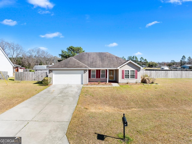 single story home featuring a garage, concrete driveway, a front yard, and fence