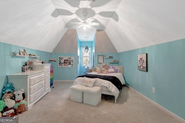 bedroom with visible vents, baseboards, lofted ceiling, light carpet, and a ceiling fan