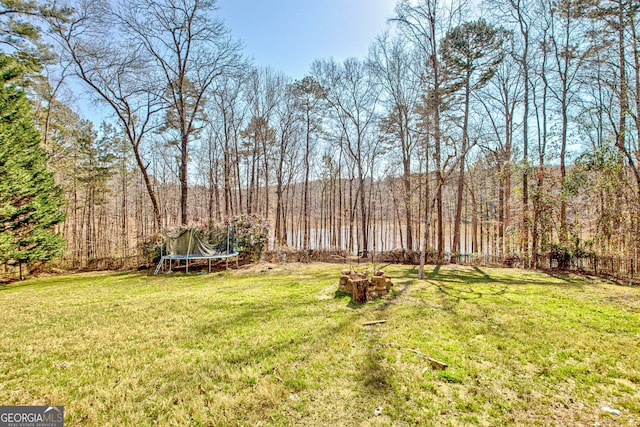 view of yard featuring a forest view and a trampoline