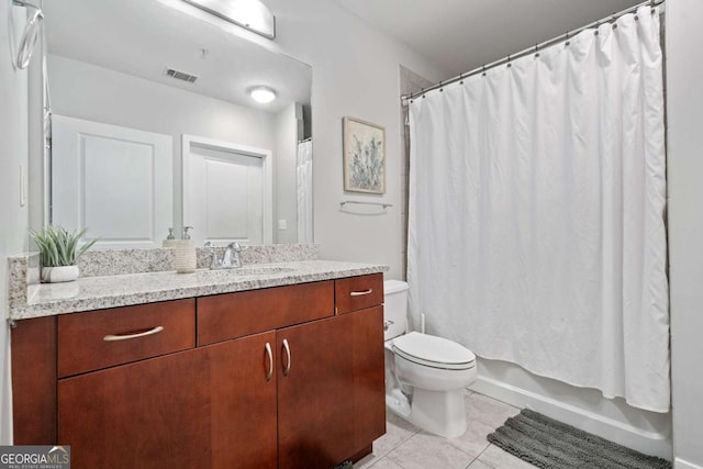 full bath with visible vents, toilet, shower / bath combo, tile patterned flooring, and vanity