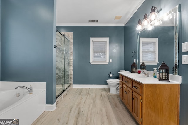 full bath with visible vents, toilet, a stall shower, and a bath