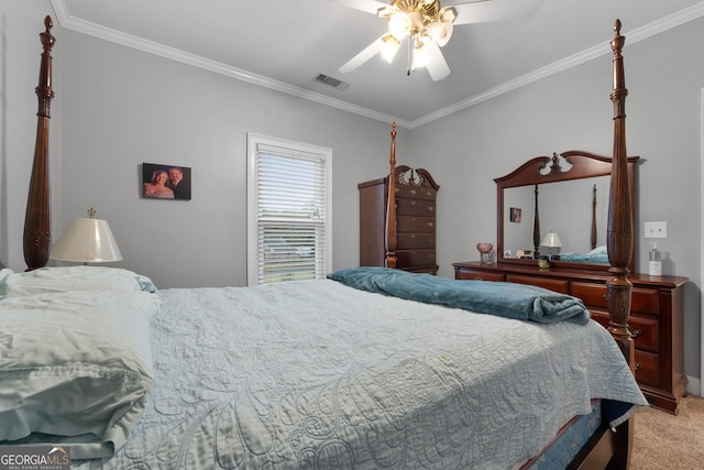 bedroom featuring light carpet, visible vents, crown molding, and a ceiling fan