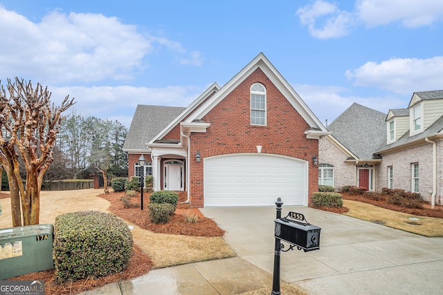 traditional home featuring concrete driveway, an attached garage, brick siding, and a shingled roof