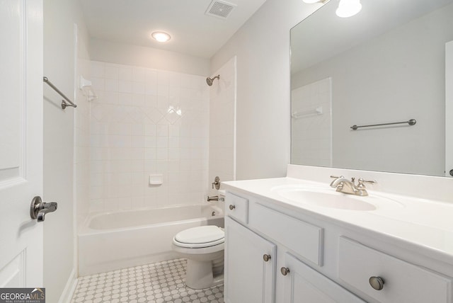 bathroom with tub / shower combination, visible vents, toilet, and vanity