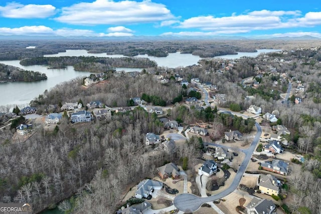 bird's eye view featuring a forest view and a water view