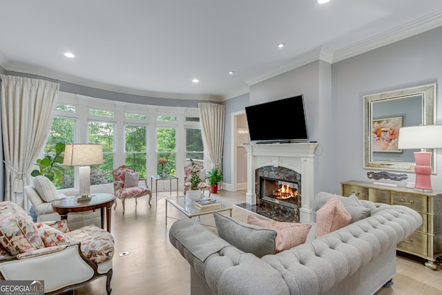 3845 Starboard Pt, Gainesville, GA 30506 - living area featuring a premium fireplace, crown molding, recessed lighting, and wood finished floors