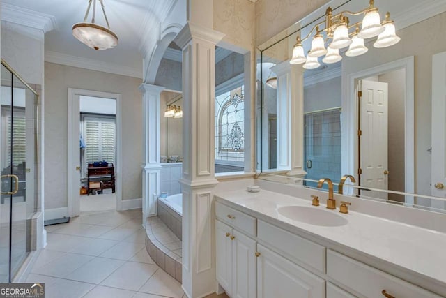 bathroom featuring ornamental molding, a shower stall, tile patterned flooring, decorative columns, and a bath