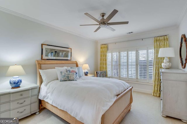 bedroom with visible vents, light carpet, ornamental molding, a ceiling fan, and baseboards