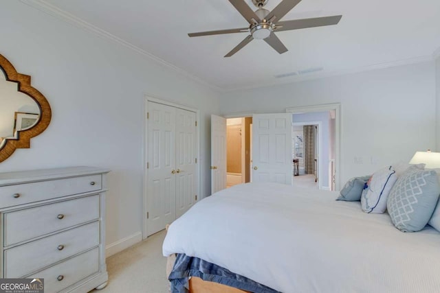 bedroom with visible vents, light carpet, and ornamental molding