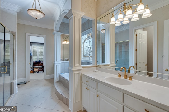 3845 Starboard Pt, Gainesville, GA 30506 - bathroom featuring decorative columns, plenty of natural light, a stall shower, a chandelier, and crown molding
