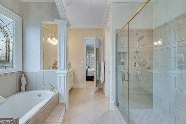 3845 Starboard Pt, Gainesville, GA 30506 - ensuite bathroom featuring ornamental molding, a shower stall, decorative columns, healthy amount of natural light, and a bath