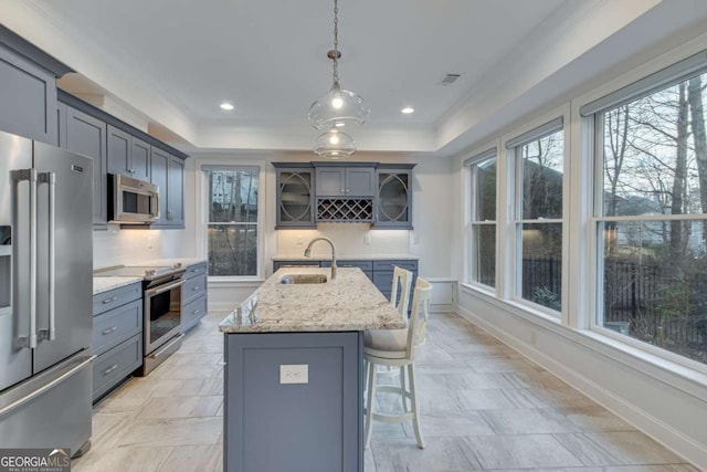 kitchen with a sink, a raised ceiling, appliances with stainless steel finishes, and an island with sink