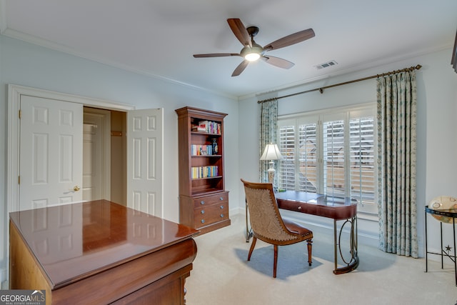 3845 Starboard Pt, Gainesville, GA 30506 - office space with light colored carpet, a ceiling fan, ornamental molding, and baseboards