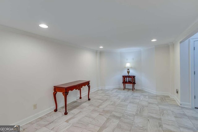 basement featuring recessed lighting, crown molding, and baseboards