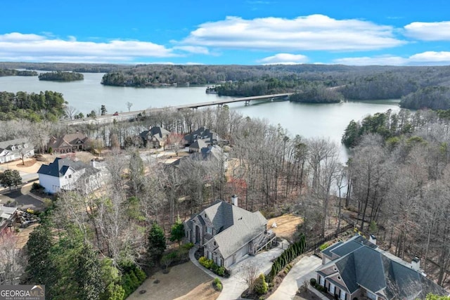 bird's eye view featuring a forest view and a water view