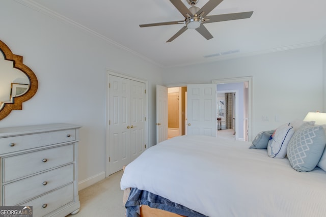 3845 Starboard Pt, Gainesville, GA 30506 - bedroom with light carpet, crown molding, baseboards, a closet, and a ceiling fan