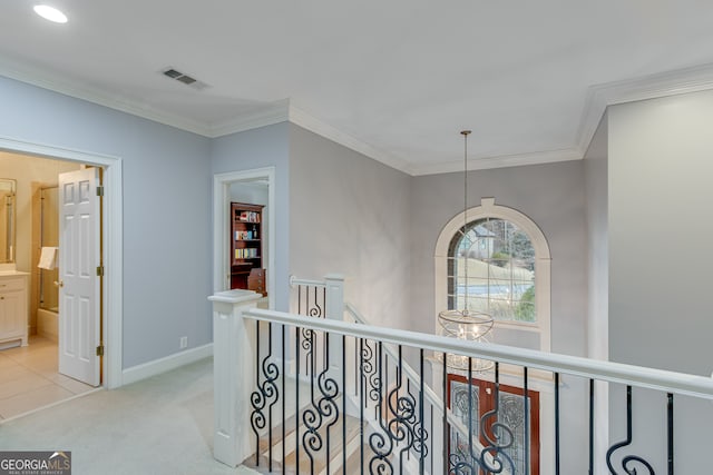 3845 Starboard Pt, Gainesville, GA 30506 - hallway featuring an upstairs landing, crown molding, and light colored carpet
