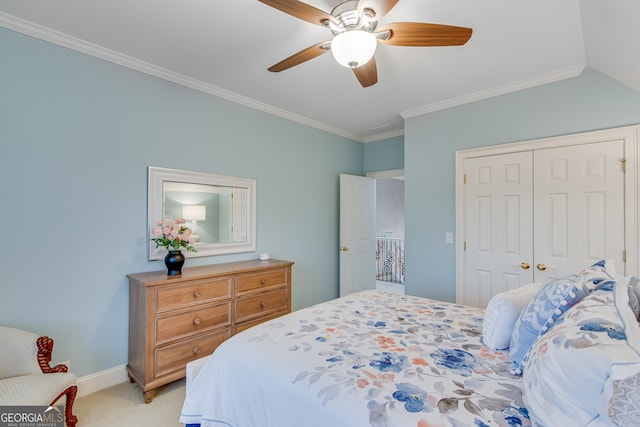 3845 Starboard Pt, Gainesville, GA 30506 - bedroom featuring light carpet, crown molding, a closet, ceiling fan, and baseboards