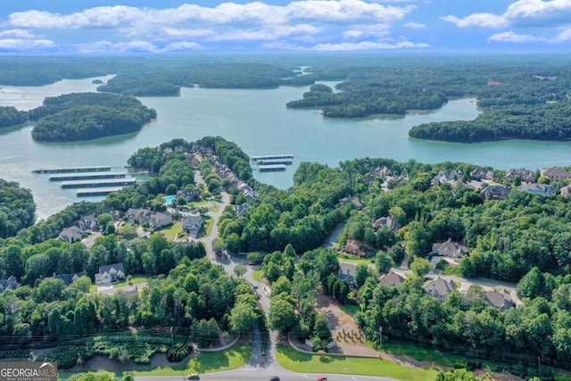 drone / aerial view with a forest view and a water view