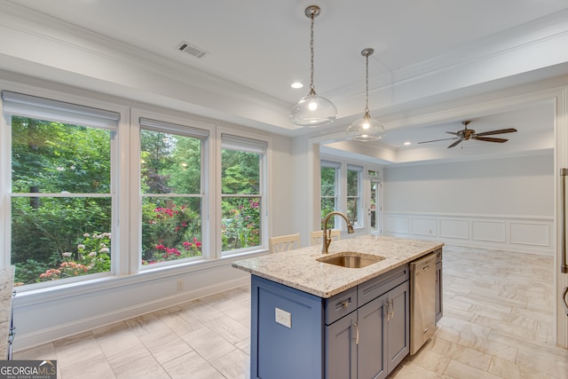 3845 Starboard Pt, Gainesville, GA 30506 - kitchen featuring a sink, dishwasher, crown molding, light stone counters, and decorative light fixtures