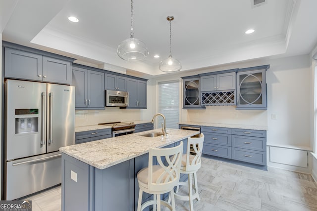3845 Starboard Pt, Gainesville, GA 30506 - kitchen featuring appliances with stainless steel finishes, a sink, a tray ceiling, a kitchen breakfast bar, and light stone countertops